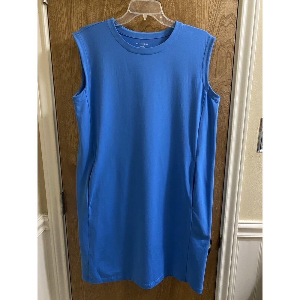 EILEEN FISHER Sleeveless Swing Shift Midi Dress Pockets Blue XS Oversized Cotton